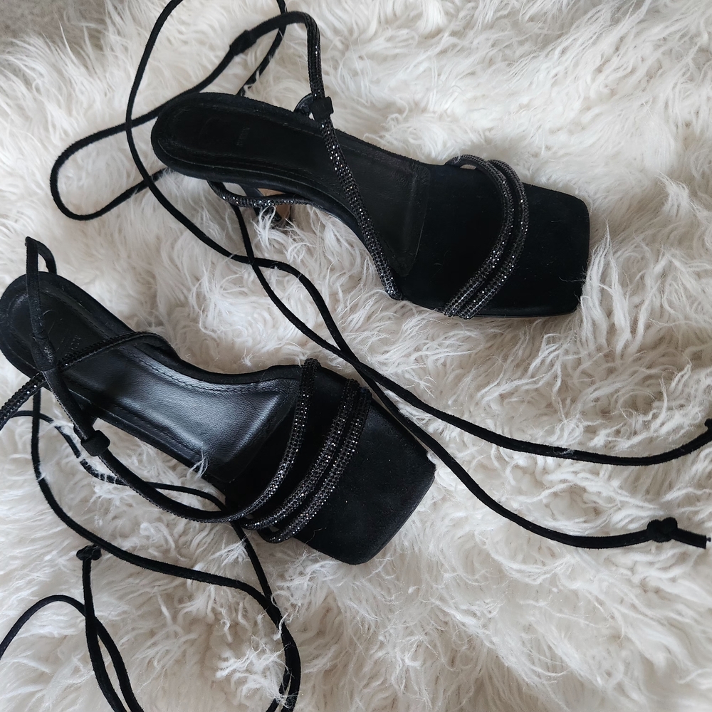Black Strappy Italian Block Heel Sandals
